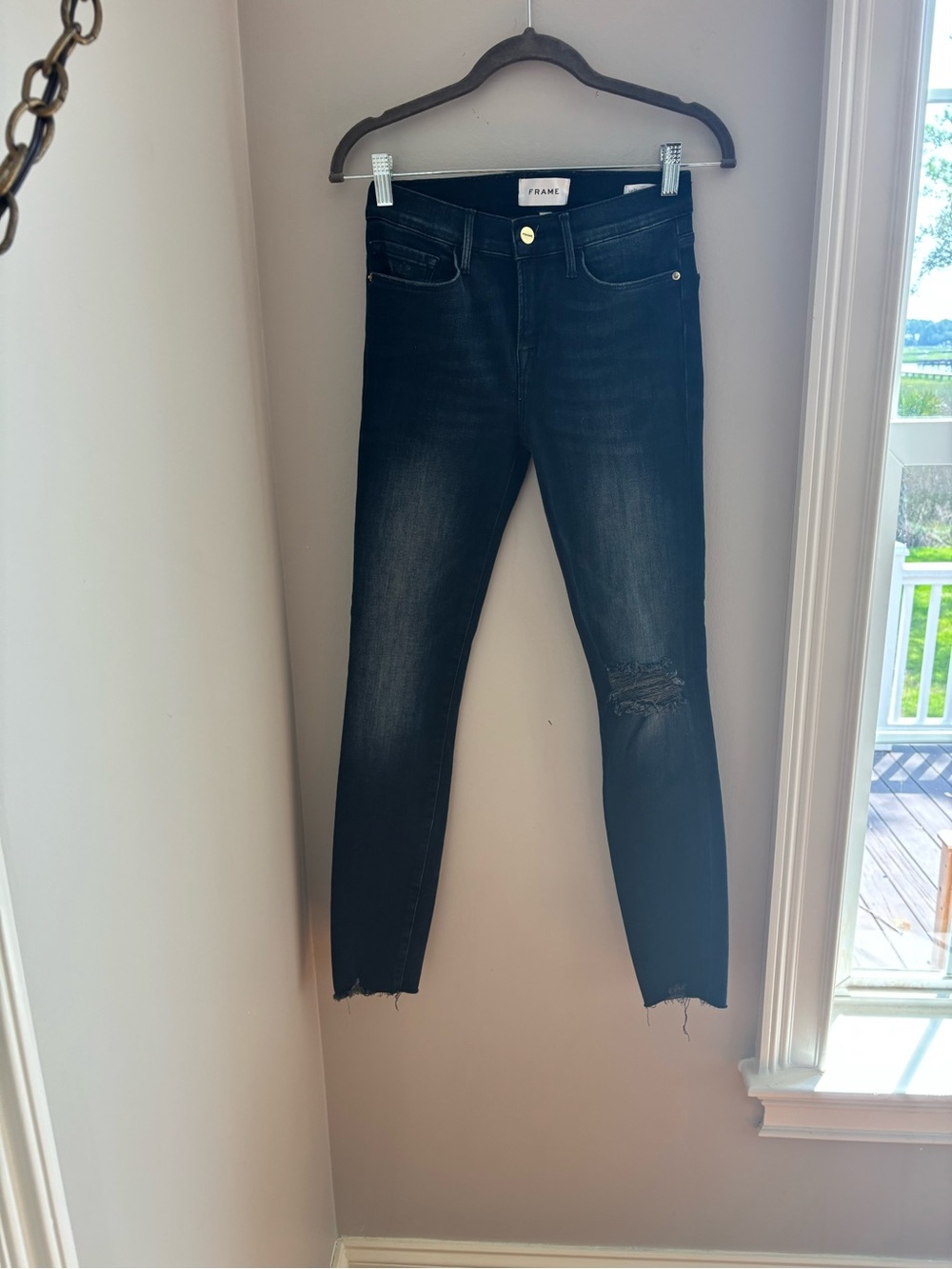 Frame Denim Dark Black Distressed Ankle Skinny Jeans
